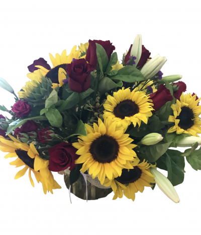 Sunshine Rose - Arrangement of Sunflowers, Roses and Lily beautifully arranged for a special Birthday, Anniversary, Baby Arrival, Housewarming, Graduation or Just because