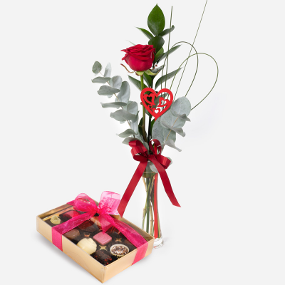 A Little Treasure & Chocolates - Leave a lasting impression with this single red rose, presented in a glass vase. Handmade & hand-delivered with chocolates to the one you treasure. 