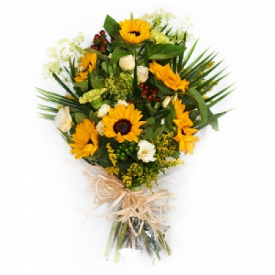 Flowers in Cellophane - A fresh bouquet in yellows. Flower bouquet perfect for sympathy or funeral 
