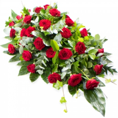 Coffin Spray (Red Roses) - A beautiful funeral tribute made with deluxe red roses.  3ft $260 / 4ft $345 / 5ft $430 Important! This type of funeral arrangement needs 2 working days prior notice to delivery. It is not possible to make and deliver an item like this same day or next day.